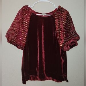 Umgee Velvet Top With Sequin Puff Sleeves Size Small